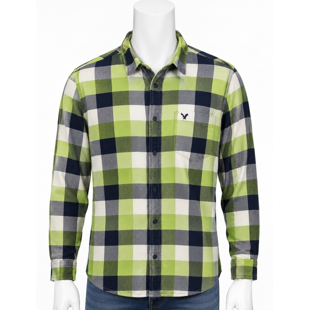 AMERICAN EAGLE Men's Long Sleeve Checked Flannel Shirt XL XLarge Blue Green